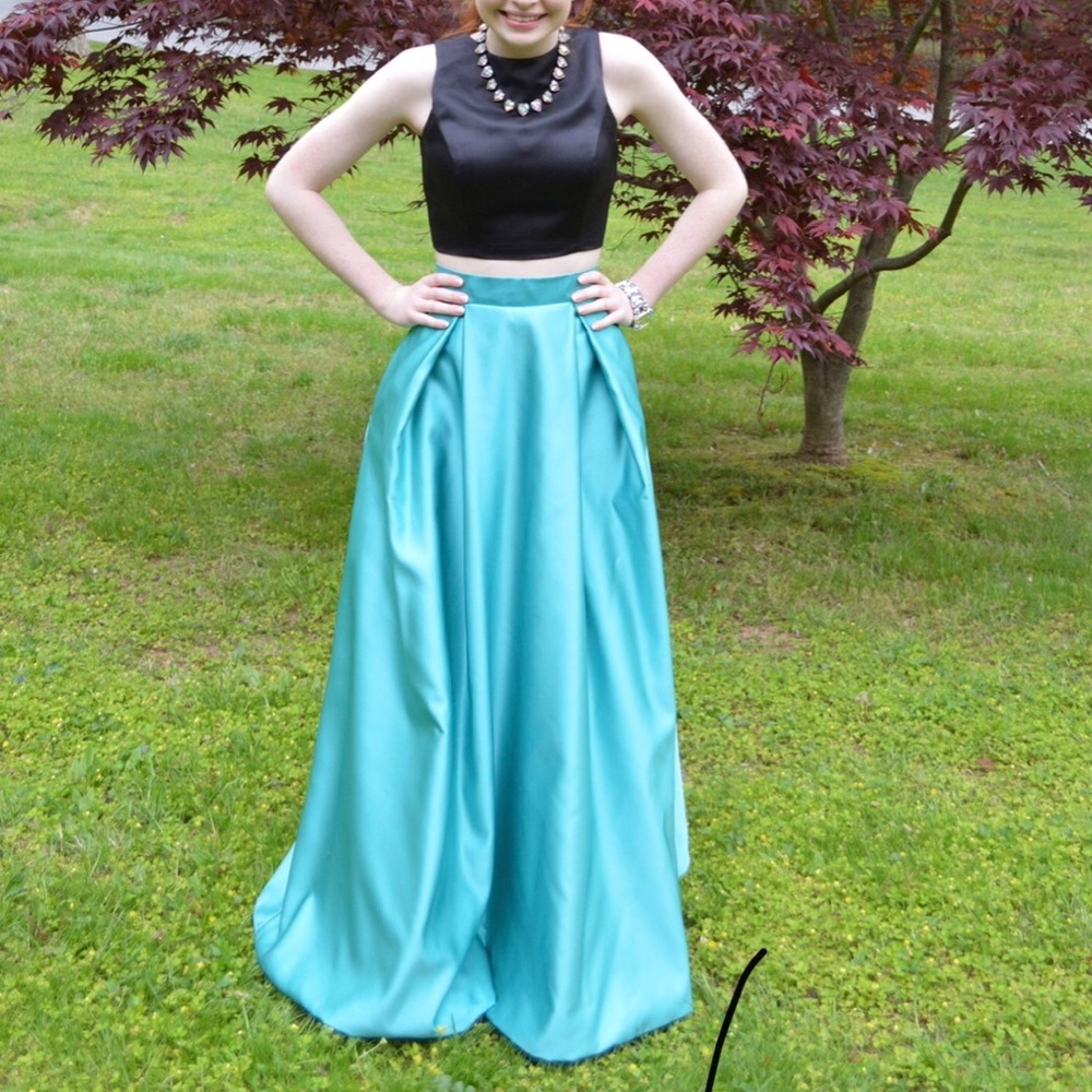 Two piece teal and black prom or formal dress